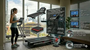 Illustration of a treadmill console display featuring bilingual English and French settings for the Canadian market.