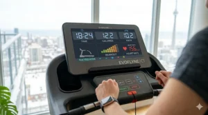 A clear view of a digital dashboard on a flat fold treadmill showing workout metrics.