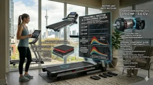 A comparison chart of Continuous Horsepower (CHP) levels suitable for walking vs. running on a folding treadmill.