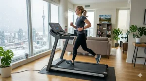 A person exercising on a flat fold treadmill, staying active during a Canadian winter.