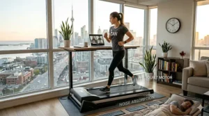 Illustration of a Canadian remote employee walking on a budget folding treadmill at a standing desk while working from home.