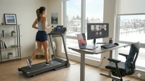 Illustration of a remote worker's Canadian apartment setup featuring a compact folding treadmill for small spaces.