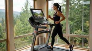 Close-up photorealistic illustration of a focused female athlete mid-stride on a commercial-grade treadmill for home use, viewing a virtual training course.