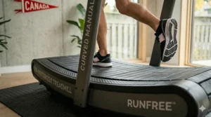 Close-up of the durable slat belt on the curved manual treadmill.