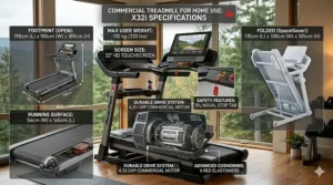 A photorealistic infographic layout detailing specifications for a commercial treadmill for home use, including open and folded dimensions, motor power, cushioning, and weight capacity, set against a bright Canadian home gym background.