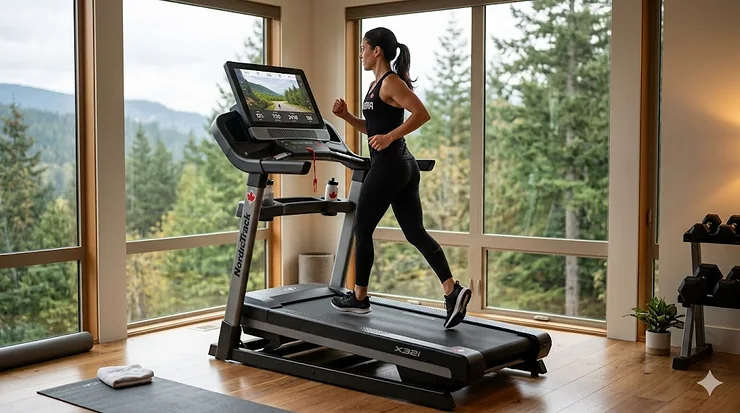 Durable commercial treadmill for home use with a mountain view in a Canadian home gym.