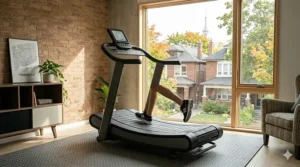 Compact curved manual treadmill in a small Canadian apartment.