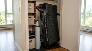 Compact flat manual treadmill stored vertically in a small closet.