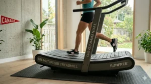 Curved manual treadmill setup in a space with no power outlets.