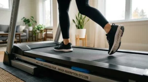 A detailed close-up showing the shock-absorbing cushioned deck of a treadmill for home use during a run.