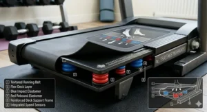 Illustration of impact-absorbing deck technology on a stable treadmill for running.