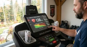 Large-screen digital console tracking heart rate on a heavy-duty treadmill.