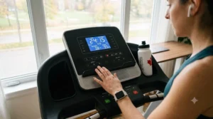 Close-up view of the modern digital console on a treadmill for home use, tracking speed, incline, and time.