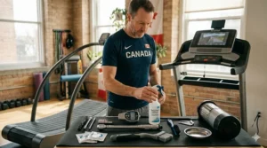 Athlete running on an electric treadmill for cardiovascular fitness. / Athlète courant sur un tapis roulant électrique pour l'entraînement cardiovasculaire.