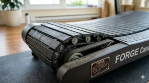 Detailed view of the non-motorized belt on a flat manual treadmill.