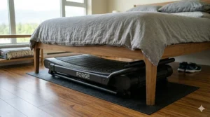 Flat manual treadmill folded down for storage under a bed.