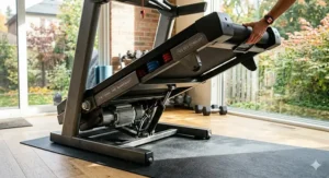 Space-saving folding mechanism for a compact, stable treadmill for running.