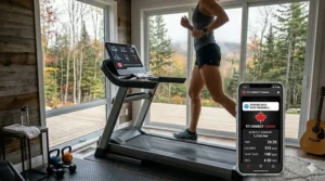 Smartphone syncing with a high-performance home treadmill for workout tracking.
