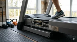 Detailed view of the shock-absorption system on a high-performance home treadmill for joint comfort.