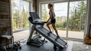 Side profile of a high-performance home treadmill set to a steep incline for intensive training.