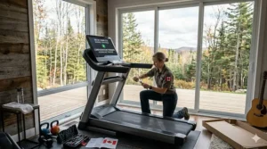 A technician completing the assembly of a new high-performance home treadmill.