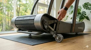 Easy-glide transport wheels on a lightweight non electric treadmill.