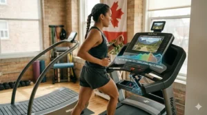 User performing a leg workout on a curved manual treadmill. / Utilisateur faisant un entraînement des jambes sur un tapis roulant manuel incurvé.