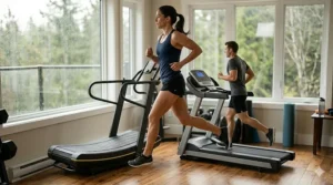 Close-up view of correct running form on a curved manual treadmill.