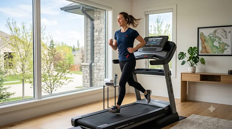 Person running on a high-quality treadmill for home use in a bright, modern Canadian living space.