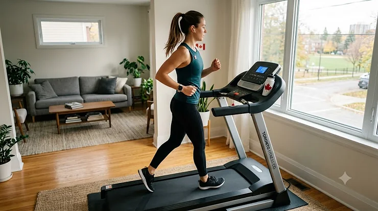 A person jogging on a sleek treadmill for home use in a bright, modern Canadian living room. treadmill for seniors