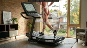 Infographic highlighting muscle engagement on a curved treadmill.