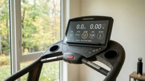 Clear digital display screen tracking workout stats on a manual treadmill.