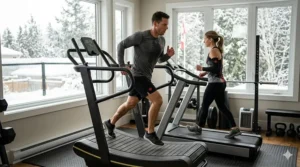 Two people exercising at home using manual treadmills in winter.