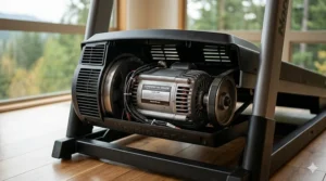 Close-up details of the powerful and quiet 4.25 CHP commercial treadmill motor designed for durable home use.
