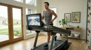 Safety clip and handrails on a stable treadmill for home use.