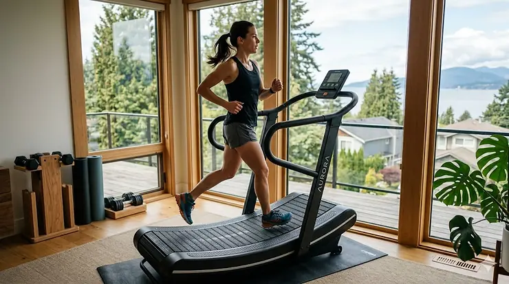 A person is mid-stride running on a curved, self-powered treadmill in a natural light home gym with large windows overlooking a forest and mountains. self powered treadmill
