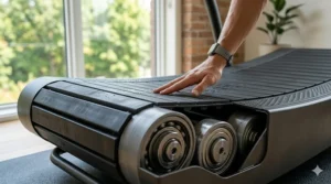 Close-up of a smooth belt on a manual non electric treadmill in motion.
