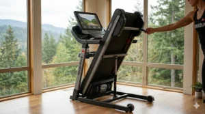 A photorealistic illustration of the commercial-grade treadmill in its space-saving folded upright position, featuring EasyLift assist, transport wheels, and the secure frame latch, set in a bright Canadian home gym.