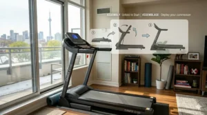A graphic guide on a screen in a living room, demonstrating the three steps to unfold the CANFIT treadmill.