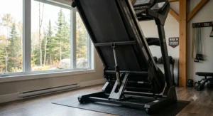 Space-saving folding mechanism for heavy-duty treadmills in Canadian homes.