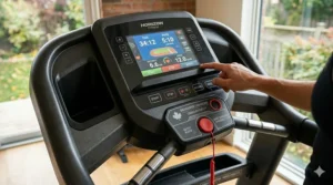 Interactive console display tracking distance and speed on a stable treadmill for running.