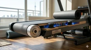 A cutaway view of the CANFIT C100 treadmill deck, revealing the blue-glowing multi-layered cushioning and suspension system.
