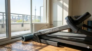 The backlit blue LCD screen and control panel of the CANFIT C100 treadmill, showing Speed 8.5 km/h.