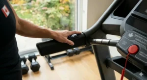 Ergonomic handrails providing support on a durable, stable treadmill for running.
