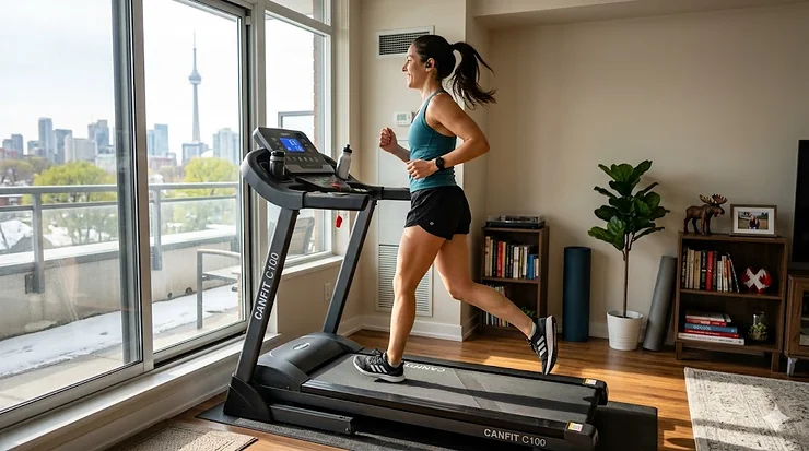 A woman runs on a CANFIT C100 treadmill in a Toronto apartment with a view of the CN Tower. treadmill under 1000