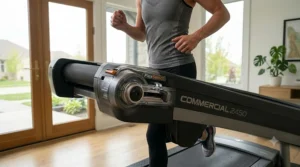 Close-up of shock-absorbing deck on a treadmill for home use for joint comfort.