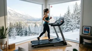 A woman uses a treadmill for home use in a high-rise condo, overlooking a snow-covered mountain landscape.