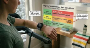 Chart showing safe heart rate zones for beginner cardio treadmill workouts.