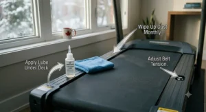Simple steps for lubricating and cleaning a treadmill deck at home.