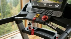 Close-up photorealistic view of the safety magnet clip with bilingual French and English 'PULL TO STOP' and 'ARRÊT D'URGENCE' text, next to a large red emergency stop button on a commercial treadmill console, set in a bright Canadian home gym.